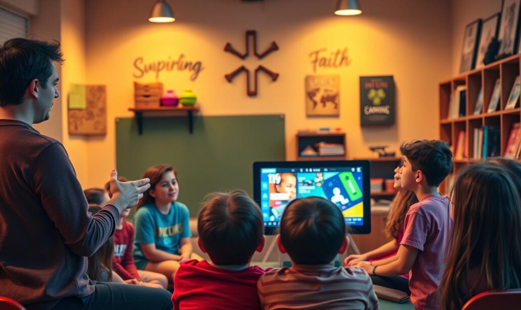 A vibrant Sunday school classroom with a group of engaged tweens and teens gathered around a modern, interactive digital display. The lighting is warm and inviting, creating a cozy, casual atmosphere. In the foreground, a youth leader facilitates a lively discussion, gesturing animatedly towards the display which showcases colorful, visually-striking educational content. The middle ground features the attentive students, their faces lit with curiosity and enthusiasm. In the background, the room is adorned with inspiring wall decor and shelves of engaging faith-based resources. The overall scene conveys a sense of dynamic, collaborative learning and a nurturing environment for spiritual growth.