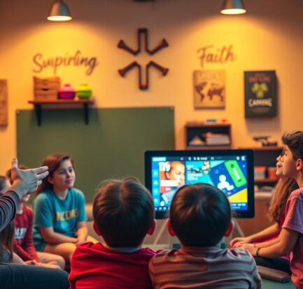 A vibrant Sunday school classroom with a group of engaged tweens and teens gathered around a modern, interactive digital display. The lighting is warm and inviting, creating a cozy, casual atmosphere. In the foreground, a youth leader facilitates a lively discussion, gesturing animatedly towards the display which showcases colorful, visually-striking educational content. The middle ground features the attentive students, their faces lit with curiosity and enthusiasm. In the background, the room is adorned with inspiring wall decor and shelves of engaging faith-based resources. The overall scene conveys a sense of dynamic, collaborative learning and a nurturing environment for spiritual growth.